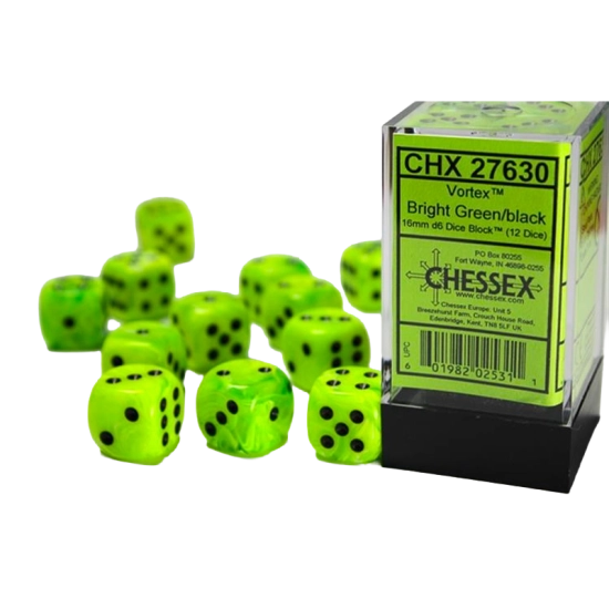 Set 12 dadi 6 facce 16mm Vortex - Bright Green & Black - Modellismo...