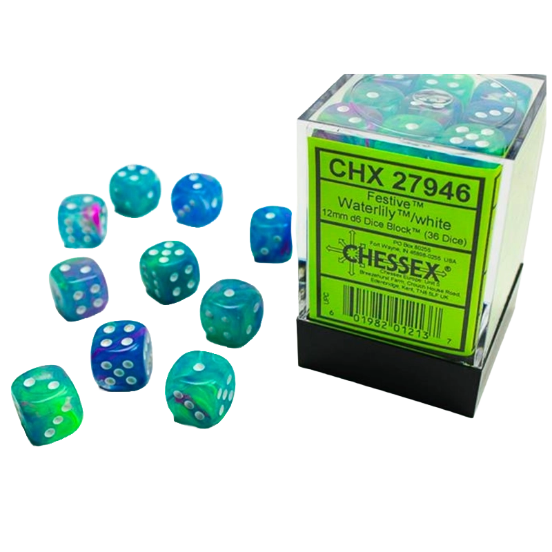 Set 36 Dadi 6 facce 12mm Festive - Waterlily & White Chessex | La T...