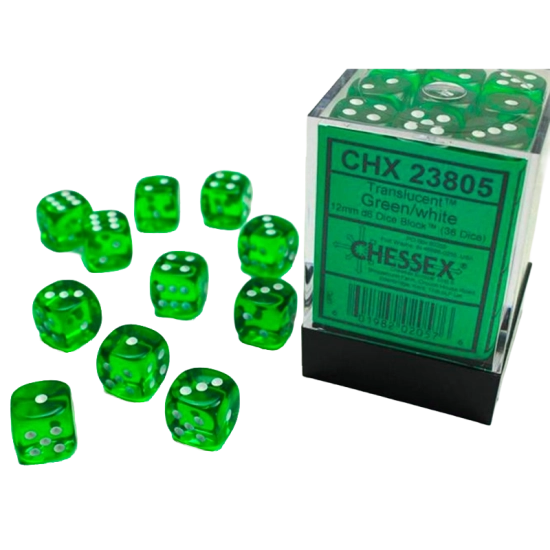 Set 36 Dadi 6 facce 12mm Translucent - Green & White Chessex | La T...