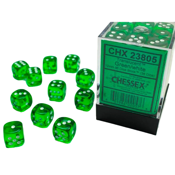 Set 36 Dadi 6 facce 12mm Translucent - Green & White Chessex | La T...